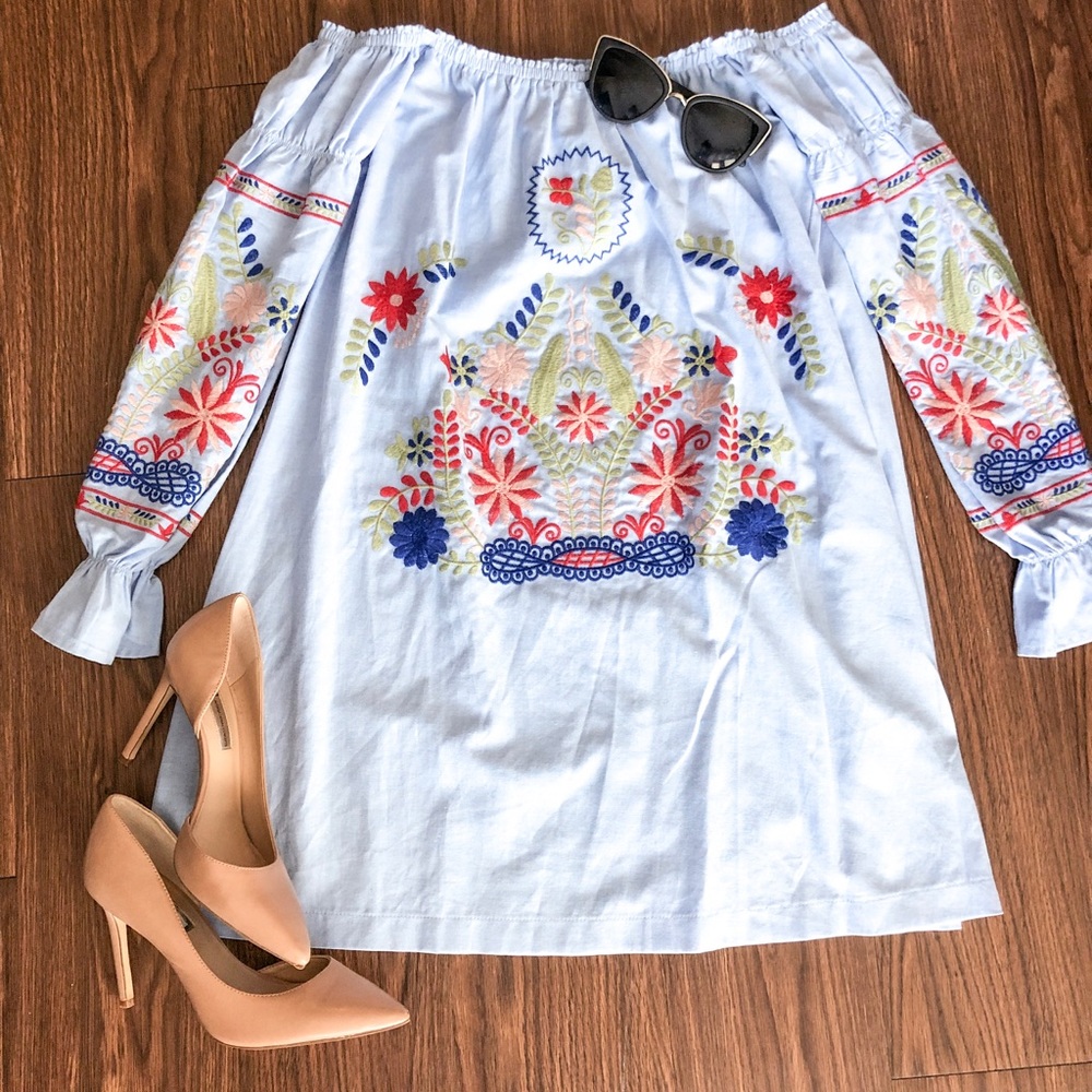 Chambray Embroidered Off The Shoulder Shift Dress